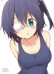  1girl aqua_eyes arms_behind_back bare_shoulders black_hair blue_hair blue_swimsuit blush breasts chestnut_mouth chuunibyou_demo_koi_ga_shitai! cleavage collarbone commentary_request eyebrows_visible_through_hair eyepatch graphite_(medium) leaning_to_the_side looking_at_viewer medium_breasts one_side_up open_mouth pencil ragho_no_erika revision school_swimsuit side_ponytail simple_background solo standing swimsuit takanashi_rikka traditional_media upper_body white_background 