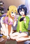  2girls :d absurdres all_fours bare_shoulders barefoot bed bedroom blonde_hair blue_eyes blue_hair breasts cardigan cleavage collarbone copyright_name eyebrows_visible_though_hair feet furuhashi_satoshi gamers! green_eyes grey_shorts hair_between_eyes highres holding hoshinomori_chiaki index_finger_raised indoors long_hair medium_breasts megami multiple_girls official_art open_cardigan open_clothes open_mouth purple_shirt shirt short_hair short_shorts short_sleeves shorts sitting smile sweater toes white_shorts yellow_shirt 