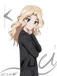  1girl arm_grab black_coat blonde_hair blue_eyes bukkuri casual character_name closed_mouth dated eyebrows_visible_through_hair from_side girls_und_panzer hair_intakes hand_on_own_neck kay_(girls_und_panzer) long_hair long_sleeves looking_at_viewer signature simple_background smile solo standing upper_body white_background 