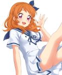  1girl :d aikatsu! bangs bare_arms bare_legs blue_bow blue_ribbon blue_sailor_collar blush bow dress eyebrows_visible_through_hair feet_out_of_frame hair_bow hand_up highres looking_at_viewer medium_hair oozora_akari open_mouth orange_hair pink_eyes ribbon sailor_collar sekina short_sleeves simple_background sitting smile solo waving white_background white_dress 