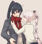  2girls black_hair bow bowtie closed_eyes commentary_request flying_sweatdrops grey_background grey_jacket hair_ribbon jacket kantai_collection long_hair multiple_girls official_alternate_costume pink_hair ponytail red_bow red_bowtie red_eyes red_scarf ribbon rindou_(rindou_annon) scarf sidelocks simple_background sweater upper_body very_long_hair white_sweater yahagi_(kancolle) yura_(kancolle) 