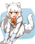  1girl :o albino amonitto animal_ears arctic_fox_(kemono_friends) arm_warmers belt blush brown_belt brown_ribbon capelet commentary_request dress eyebrows_visible_through_hair eyelashes fang fox_ears fox_tail fur-trimmed_capelet fur-trimmed_dress fur_trim gloves hair_between_eyes hands_on_own_knees kemono_friends knees_together_feet_apart leaning_forward long_hair long_sleeves looking_at_viewer neck_ribbon open_mouth pantyhose red_eyes ribbon solo standing tail translation_request tsurime two-tone_background white_background white_dress white_gloves white_hair white_legwear 