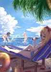 3girls :d absurdres barefoot beach beach_chair bent_over bikini blonde_hair blue_bikini blue_hair blush boat bow breasts bucket commentary_request crab curly_hair day drinking drinking_straw eromanga_sensei from_behind hair_bow hair_ribbon highres innertube izumi_sagiri j.xh large_breasts lavender_hair lens_flare long_hair looking_at_another multiple_girls open_mouth outdoors pink_bikini pink_eyes plastic_cup ponytail profile red_bow red_ribbon ribbon sand seashell shell sitting smile sparkle splashing standing striped striped_bikini sunglasses swimsuit takasago_tomoe tree water watercraft waves yamada_elf 