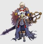  1boy armor boots cape dark_skin fantasy full_body gem gloves greaves grey_background hand_on_hip hand_up looking_at_viewer ma-sa male_focus original standing sword tan weapon white_gloves white_hair 