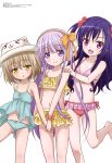  3girls :d absurdres animal_hat barefoot bikini bikini_skirt blue_hair blush bow bracelet cat_hat child collarbone copyright_name eyebrows_visible_though_hair flat_chest flower gotou_jun hair_between_eyes hair_bow hair_flower hair_ornament hairband hand_holding hands_on_another&#039;s_shoulders hat head_tilt highres jewelry kaneshiro_sora layered_skirt light_brown_hair long_hair looking_at_viewer megami momijidani_nozomi multiple_girls navel noguchi_takayuki official_art one_leg_raised open_mouth orange_bow orange_hairband pink_bikini_top red_bikini_bottom red_eyes red_flower scrunchie short_hair silver_hair simple_background smile swimsuit tenshi_no_3p! two_side_up upper_teeth very_long_hair violet_eyes white_background white_hat wrist_scrunchie yellow_bikini yellow_eyes 