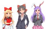  3girls animal_ears black_hair blonde_hair blush bow breasts brown_eyes character_request cleavage collarbone cookie_(touhou) enperuto_(yarumi) extra_ears eyebrows_visible_through_hair gloves hair_bow hair_tubes hakurei_reimu hand_on_hip highres hisui_(cookie) large_breasts long_hair looking_at_viewer multiple_girls necktie open_mouth parted_lips pink_eyes pink_skirt puffy_short_sleeves puffy_sleeves purple_hair rabbit_ears red_bow red_eyes red_neckwear reisen_udongein_inaba sananana short_hair short_sleeves skirt smile touhou transparent_background white_gloves yin_yang 