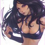  1girl bare_shoulders bikini_top black_hair breasts choker claw_(weapon) cleavage clenched_hand elbow_gloves eyelashes fingerless_gloves gloves green_eyes ilya_kuvshinov jewelry long_hair marvel medium_breasts skin_tight sleeveless solo weapon white_background x-23 x-men 