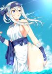  1girl ainu_clothes bandage bangs bikini bikini_bottom blue_eyes breasts capelet folded_ponytail grey_hair hair_between_eyes hand_up headband highres kamoi_(kantai_collection) kantai_collection kiriko_crown_(956098) large_breasts long_hair looking_at_viewer open_mouth side-tie_bikini sideboob sidelocks sky solo swimsuit tabard tassel thick_eyebrows thighs twisted_torso water white_background white_bikini_bottom 