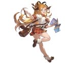  1girl bag bangs blonde_hair bow bowtie breasts brown_eyes doraf full_body glasses granblue_fantasy holding horn horns large_breasts long_hair looking_at_viewer looking_back map minaba_hideo official_art one_leg_raised open_mouth pen pleated_skirt ponytail saaya_(granblue_fantasy) shirt short_sleeves skirt smile solo 