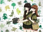  2girls any_(lucky_denver_mint) black_hair blue_eyes blush braid breasts brown_hair closed_eyes gardening kantai_collection kitakami_(kantai_collection) long_hair multiple_girls neckerchief ooi_(kantai_collection) open_mouth school_uniform simple_background small_breasts smile sprinkler tree 
