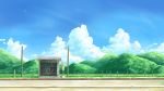  blue_sky bus_stop chabo_(inmu) clouds commentary_request day fence field highres hill lamppost manatsu_no_yo_no_inmu no_humans outdoors road road_sign rural scenery sign sky 
