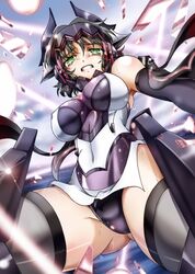  10s 1girl breasts erect_nipples from_below gluteal_fold green_eyes headgear kohinata_miku large_breasts laser_beam senki_zesshou_symphogear solo suga_leon tears thigh-highs 