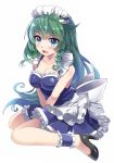  1girl alternate_costume ankle_cuffs apron bangs bare_arms black_footwear blue_eyes blue_skirt breasts cleavage e.o. enmaided frilled_skirt frills frog_hair_ornament full_body green_hair hair_ornament high_heels highres kochiya_sanae large_breasts long_hair looking_at_viewer maid maid_headdress shoes simple_background sitting skirt smile snake_hair_ornament solo touhou v_arms white_background 