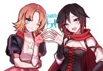  2girls breasts cape cleavage cleavage_cutout commentary_request cyan_eyes ecru fingerless_gloves gloves grey_eyes looking_at_viewer multiple_girls nora_valkyrie one_eye_closed orange_hair redhead ruby_rose rwby 
