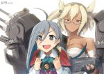  +_+ 2girls absurdres ahoge asymmetrical_bangs bangs bare_shoulders black_nails blonde_hair bow bowtie breasts brown_eyes budget_sarashi cannon cape clenched_hands collar commentary_request ebizome excited glasses grey_eyes grey_hair hair_flaps hair_ornament halterneck highres kantai_collection kiyoshimo_(kantai_collection) large_breasts long_sleeves low_twintails multiple_girls musashi_(kantai_collection) nail_polish open_mouth rigging sarashi school_uniform semi-rimless_glasses smile turret twintails twitter_username white_background 