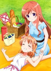  2girls absurdres blue_dress blue_eyes bread brown_hair closed_eyes collarbone day dress eyebrows_visible_though_hair food fruit gochuumon_wa_usagi_desu_ka? grin hand_on_another&#039;s_head highres hoto_cocoa hoto_mocha long_hair lying multiple_girls official_art on_back outdoors short_sleeves sleeveless sleeveless_dress smile sundress very_long_hair white_dress 