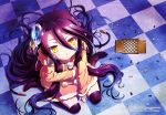  1girl absurdres between_legs black_legwear character_doll checkered checkered_floor chess_piece chessboard copyright_name from_above hair_between_eyes hand_between_legs highres indoors jewelry long_hair looking_at_viewer looking_up makabe_makoto megami no_game_no_life official_art parted_lips purple_hair ring shuvi_(no_game_no_life) sitting solo thigh-highs very_long_hair yellow_eyes 