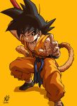  1boy absurdres black_eyes black_hair child commentary_request dougi dragon_ball dragon_ball_(classic) eye_contact highres holding holding_weapon liedein looking_at_another looking_at_viewer male_focus muscular saiyan short_hair simple_background solo son_goku spiky_hair staff tail weapon 