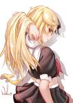  1girl absurdres arm_up black_ribbon black_serafuku black_shirt black_skirt blonde_hair blush closed_mouth from_side hair_flaps hair_ribbon hand_in_hair highres kantai_collection long_hair looking_at_viewer looking_to_the_side pleated_skirt profile red_eyes remodel_(kantai_collection) ribbon scarf school_uniform serafuku shiny shiny_hair shirt short_sleeves signature simple_background skirt smile solo upper_body white_background white_scarf wuhuo yuudachi_(kantai_collection) 