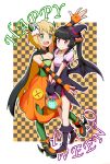  10s 2girls absurdres akatsuki_kirika bangs bat_wings black_footwear black_hair blunt_bangs blush boots breasts candy capelet cleavage elbow_gloves fingerless_gloves food full_body gloves green_eyes green_legwear halloween hat high_heel_boots high_heels highres horns kumo_(kumo8159) multiple_girls senki_zesshou_symphogear skull smile striped striped_gloves tsukuyomi_shirabe twintails violet_eyes wings witch_hat 