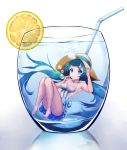  1girl absurdly_long_hair air_bubble barefoot bendy_straw blue_eyes blue_hair blue_ribbon bow breasts bubble bubble_blowing closed_mouth collarbone cup dress drinking_glass drinking_straw eyebrows_visible_through_hair food fruit halterneck hand_on_headwear hat hat_ribbon hatsune_miku in_container knees_together_feet_apart knees_up kuronosu_(yamada1230) lemon lemon_slice long_hair looking_at_viewer medium_breasts minigirl no_nose panties pantyshot ribbon short_dress sleeveless sleeveless_dress solo spaghetti_strap submerged sun_hat twintails underwear very_long_hair vocaloid 