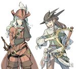  2girls artist_name bard_(final_fantasy) belt closed_eyes diana_cavendish final_fantasy harp hat_feather instrument kagari_atsuko little_witch_academia multiple_girls red_mage sword ticcy weapon 