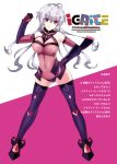  10s 1girl :p ahoge breasts elbow_gloves full_body gloves hair_between_eyes hand_on_hip highres hinahime large_breasts leotard looking_at_viewer purple_hair senki_zesshou_symphogear smile solo standing thigh-highs tongue tongue_out violet_eyes yukine_chris 