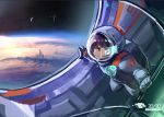  1girl asteroid astronaut astronaut_helmet bangs black_eyes blunt_bangs city closed_mouth clouds doitsu_no_kagaku holographic_interface indoors maroon_hair microphone original planet profile science_fiction smile space space_craft space_station 