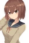  1girl brown_eyes brown_hair commentary hand_in_hair highres hoshibudou looking_at_viewer school_uniform short_hair solo takamiya_nasuno teekyuu upper_body white_background 