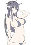  1girl bangs bare_arms bare_shoulders bat_wings bikini black_bikini black_wings blunt_bangs breasts collarbone demon_horns demon_wings expressionless highres hiiragi_yuuichi horns long_hair navel pointy_ears purple_hair sidelocks simple_background sketch solo stomach string_bikini swimsuit upper_body white_background wings 