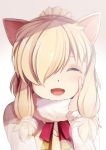  1girl :d ^_^ ^o^ alpaca_ears alpaca_suri_(kemono_friends) blonde_hair blush closed_eyes commentary_request facing_viewer fur-trimmed_sleeves fur_collar fur_trim gradient gradient_background hair_over_one_eye hair_tie hand_on_own_cheek happy highres kemono_friends long_hair long_sleeves open_mouth red_ribbon ribbon sidelocks smile solo upper_body white_background yasume_yukito 