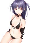  1girl arms_behind_back bare_shoulders bikini black_bikini black_gloves breasts choker collarbone cowboy_shot elbow_gloves fang gloves halterneck long_hair looking_at_viewer maeda_risou navel parted_lips purple_hair red_eyes ribbon_choker side-tie_bikini simple_background sitting slit_pupils small_breasts solo swimsuit two_side_up white_background 