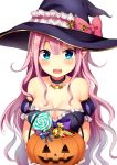  1girl absurdres bare_shoulders blue_eyes blush breasts candy choker cleavage fang food halloween halloween_costume hat highres jack-o&#039;-lantern large_breasts long_hair looking_at_viewer open_mouth original pink_hair pointy_ears puff_and_slash_sleeves puffy_sleeves pumpkin revision simple_background solo sparkling_eyes tears white_background witch_hat yuusa 