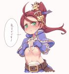  1girl :&lt; bikini_top blush brown_hair capelet character_request copyright_request covering covering_breasts flat_chest gloves green_eyes hair hair_ornament long_hair looking_at_viewer mochi_(mochi444420) ponytail purple_gloves solo stomach translated 