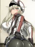  1girl ass black_gloves black_pants blonde_hair blue_eyes blush breasts capelet closed_mouth erect_nipples from_behind from_below gloves graf_zeppelin_(kantai_collection) grey_jacket hair_between_eyes hat impossible_clothes indoors kantai_collection large_breasts latex long_sleeves looking_at_viewer looking_back looking_down pants peaked_cap pleated_skirt saizu_nitou_gunsou shiny shiny_clothes sidelocks skin_tight skirt skirt_lift smile solo twintails twitter_username white_cap 