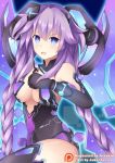  1girl blue_eyes breasts cleavage hair_ornament jokerace03 leotard long_hair looking_at_viewer nepnep_connect:_chaos_chanpuru neptune_(series) purple_hair purple_heart purple_heart_(chaos_form) solo symbol-shaped_pupils very_long_hair 