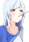  1girl blue_eyes blush enelis food idolmaster idolmaster_million_live! idolmaster_million_live!_theater_days long_hair looking_at_viewer pocky pocky_kiss shared_food shiraishi_tsumugi silver_hair simple_background solo upper_body white_background 