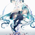  aqua_hair boots closed_eyes detached_sleeves fre hatsune_miku long_hair necktie skirt solo_focus thigh-highs thigh_boots twintails very_long_hair vocaloid 