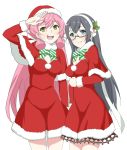  2girls akashi_(kantai_collection) black_hair blue_eyes bow cowboy_shot dress glasses green_bow hair_ribbon hairband hat highres kantai_collection long_hair looking_at_viewer multiple_girls ooyodo_(kantai_collection) pink_hair red_dress ribbon salute santa_hat semi-rimless_glasses shawl shingyo simple_background smile striped striped_bow tress_ribbon under-rim_glasses white_background yellow_eyes 