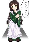  1girl ama_usa_an_uniform apron bangs bassa blunt_bangs blush boots brown_footwear brown_hair closed_mouth eyebrows_visible_through_hair finger_to_cheek flower frilled_apron frills full_body gochuumon_wa_usagi_desu_ka? green_eyes green_kimono hair_flower hair_ornament head_tilt highres japanese_clothes kimono legs_together long_hair long_sleeves looking_at_viewer maid_apron outstretched_arm pink_ribbon polka_dot_trim ribbon sidelocks sitting smile solo speech_bubble striped striped_kimono translation_request ujimatsu_chiya white_apron white_flower wide_sleeves 