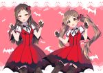  &gt;:o 2girls :o bat bat_background brown_eyes brown_hair claw_pose commentary_request dress fingerless_gloves garter_straps gloves hakozaki_serika idolmaster idolmaster_million_live! kitazawa_shiho multiple_girls my_dear_vampire ooba_kagerou print_legwear puffy_short_sleeves puffy_sleeves red_background red_dress short_sleeves spider_web_print thigh-highs twintails 