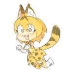  1girl animal_ears blonde_hair bow bowtie cross-laced_clothes elbow_gloves fang fur_collar gloves high-waist_skirt kemono_friends looking_at_viewer open_mouth serval serval_(kemono_friends) serval_ears serval_print serval_tail shirt skirt sleeveless sleeveless_shirt solo striped_tail tail temmie_chang yellow_eyes 