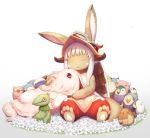  1girl :&lt; animal_ears bangs closed_eyes creature ears_through_headwear eyebrows_visible_through_hair facing_viewer flower furry gradient gradient_background helmet horns long_hair made_in_abyss mitty_(made_in_abyss) munuu nanachi_(made_in_abyss) pants paws rabbit_ears sidelocks sitting stuffed_animal stuffed_bird stuffed_toy tail whiskers white_background white_hair 