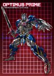  1boy autobot blue_eyes character_name full_body grid grid_background headgear holding holding_sword holding_weapon huge_weapon looking_at_viewer machine machinery mecha no_humans optimus_prime paintedmike red_background robot shield solo standing sword transformers weapon 