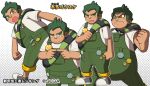  1boy angry backpack badge bag button_badge character_name character_sheet clenched_hands closed_mouth fat fingers_together green_hair grey_background halftone halftone_background honda_gousuke looking_at_viewer male_focus mushiking official_art overalls shirataki short_hair simple_background tan watermark wavy_mouth white_background yellow_eyes 