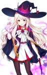  1girl absurdly_long_hair black_hat black_legwear blonde_hair blue_eyes blush cookie_run eyebrows_visible_through_hair hat long_hair looking_at_viewer moffle_(2019) pantyhose parted_lips short_sleeves smile solo very_long_hair witch_hat 