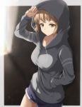  10s 1girl blue_shorts brown_eyes frown grey_border grey_hoodie hair_ornament hairclip hand_in_pocket highres hood_up looking_at_viewer narayu senki_zesshou_symphogear short_hair short_shorts shorts solo tachibana_hibiki_(symphogear) 