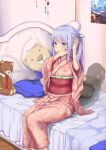  1girl absurdres alternate_hairstyle barefoot beach_chair bed bed_sheet bedroom blue_eyes blush closed_mouth commentary_request eromanga_sensei floral_print hair_tie hand_in_hair highres indoors innertube izumi_sagiri j.xh kimomo lavender_hair long_hair mouth_hold necktie on_bed outdoors poster red_necktie silhouette sitting solo splashing stuffed_animal stuffed_toy takasago_tomoe teddy_bear twintails water wooden_floor yamada_elf 