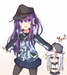 2girls akatsuki_(kantai_collection) alternate_costume black_hat black_legwear blue_eyes blue_skirt blush camouflage chibi commentary commentary_request earmuffs gradient gradient_background hat hibiki_(kantai_collection) jacket kantai_collection long_hair looking_at_viewer multiple_girls no_arms no_legs no_mouth pantyhose pleated_skirt purple_hair reitou_mikan remodel_(kantai_collection) russian school_uniform serafuku silver_hair skirt verniy_(kantai_collection) violet_eyes white_hat 