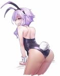  1girl animal_ears ass bare_shoulders bright_pupils brown_legwear bunny_girl bunny_tail bunnysuit cowboy_shot cropped_legs detached_collar fake_animal_ears from_behind grin hairband highres leaning_forward mochi_(mochi444420) pantyhose profile purple_hair rabbit_ears short_hair_with_long_locks shoulder_blades sidelocks simple_background smile solo tail violet_eyes vocaloid voiceroid white_background white_pupils wrist_cuffs yuzuki_yukari 